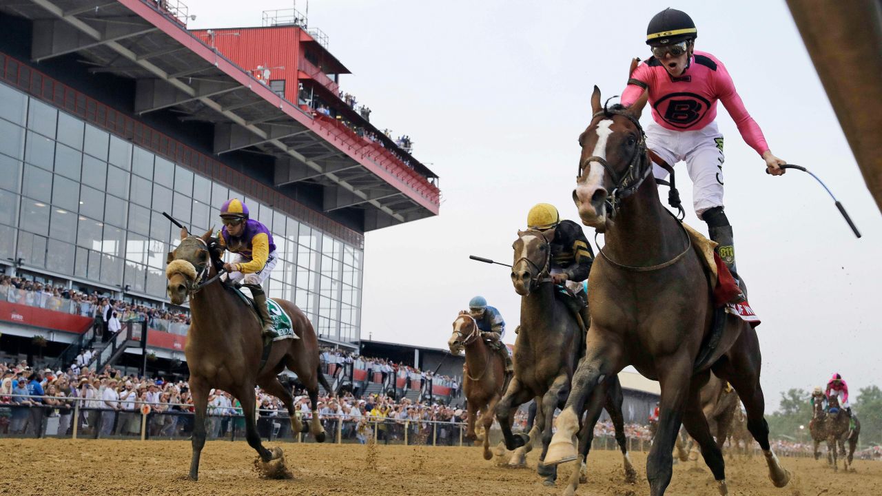 Jockey Tyler Gaffalione, right, riding War of Will, reacts as they cross the finish line first to win the Preakness Stakes horse race at Pimlico Race Course on Saturday, May 18, in Baltimore.
