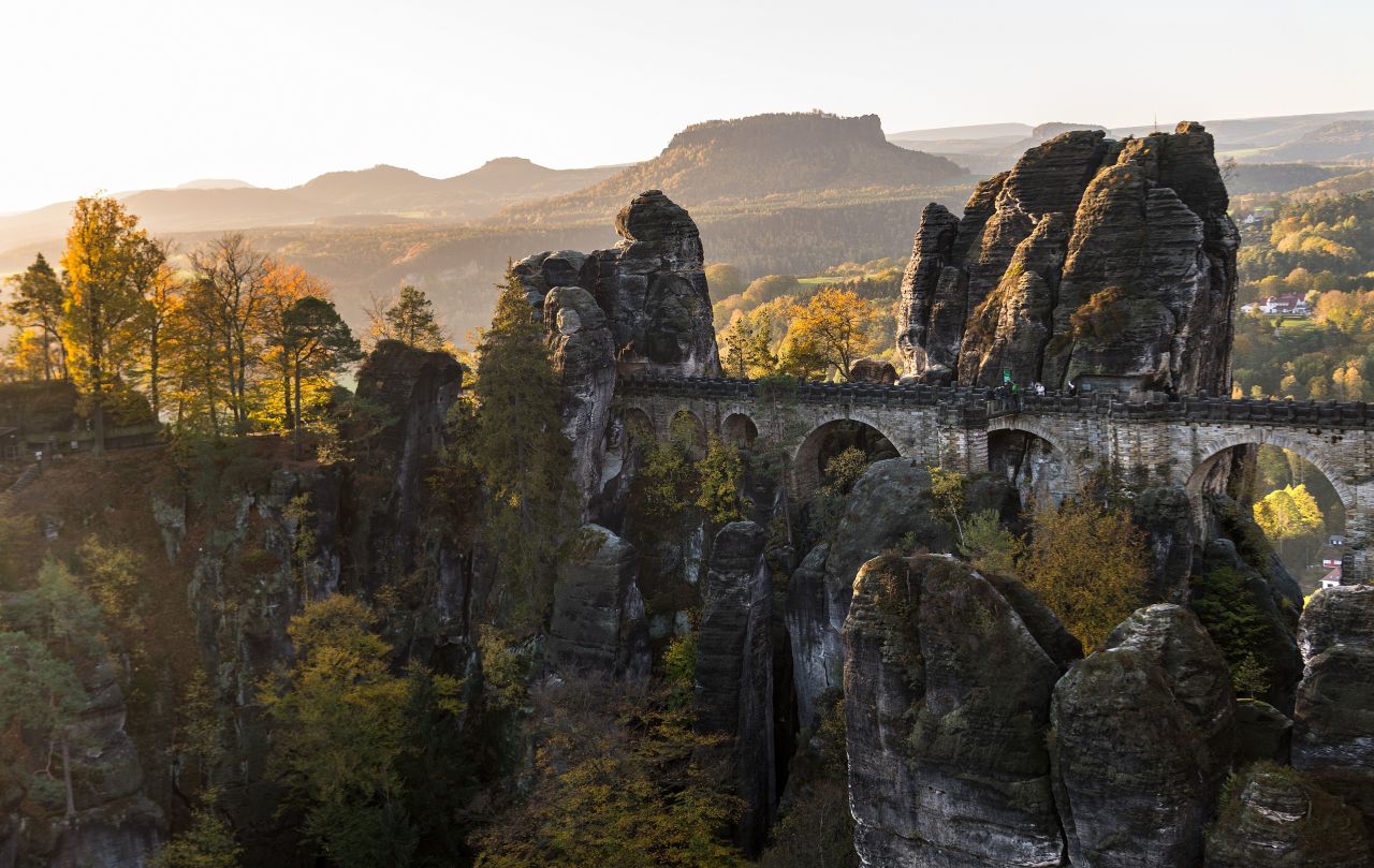 <strong>Bastei:</strong> The Bastei rock formation juts out 194 meters above the Elbe River in Germany's Saxon Switzerland National Park. From atop the sandstone Bastei Bridge, visitors can take in sweeping panoramic views of the Elbe Valley below.