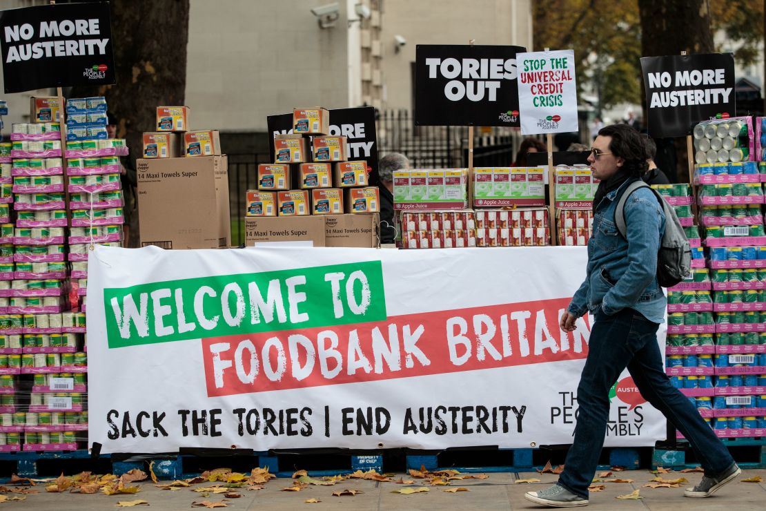 A protester stages a food bank demonstration in central London in 2017 in London.