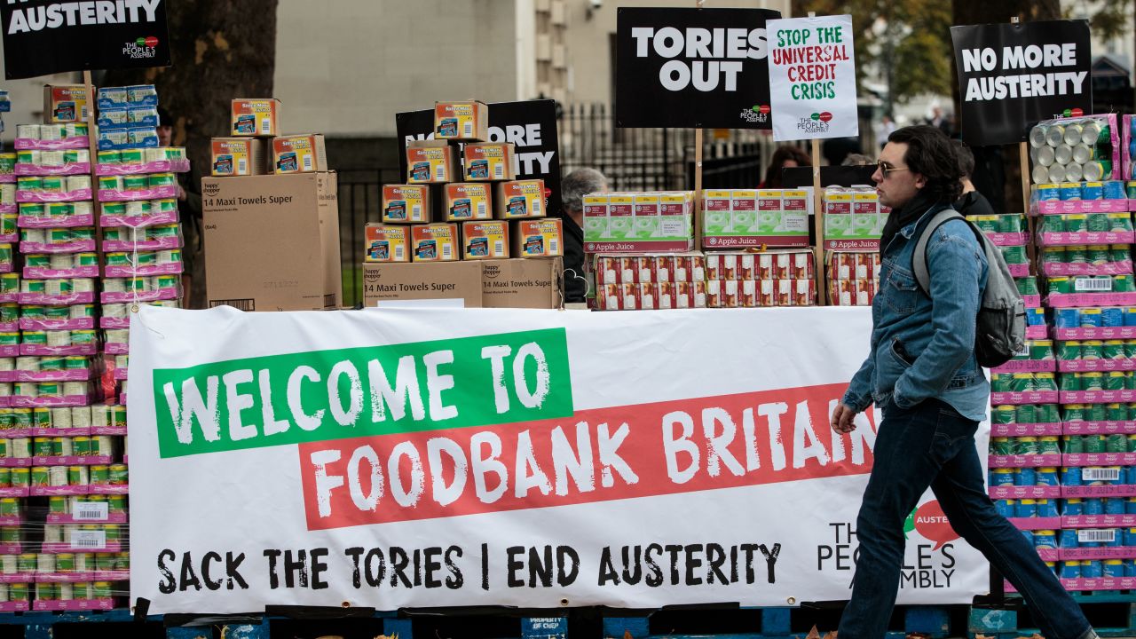 A protester stages a food bank demonstration in central London in 2017 in London.