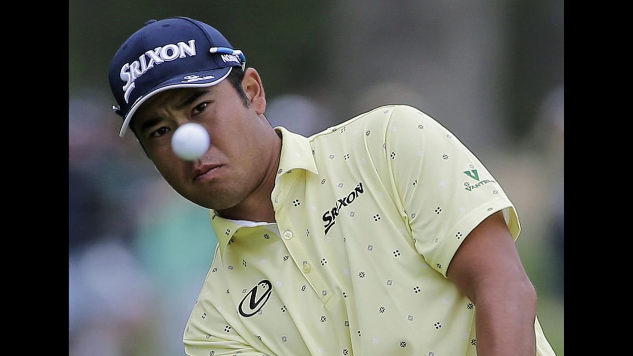 Japan's Hideki Matsuyama of Japan chips onto the 13th green during the final round of the PGA Championship.