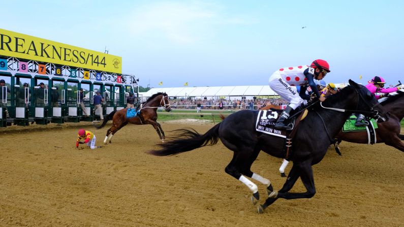John Velazquez falls off Bodexpress (9) at the start of the 144th running of the Preakness Stakes at Pimlico Race Course on Saturday, May 18. Bodexpress <a href="index.php?page=&url=https%3A%2F%2Fbleacherreport.com%2Farticles%2F2836975-twitter-stunned-as-jockey-john-velazquez-falls-off-bodexpress-at-2019-preakness" target="_blank" target="_blank">ran the rest of the race</a> without his jockey but was officially listed as a Did Not Finish. War of Will won the race.
