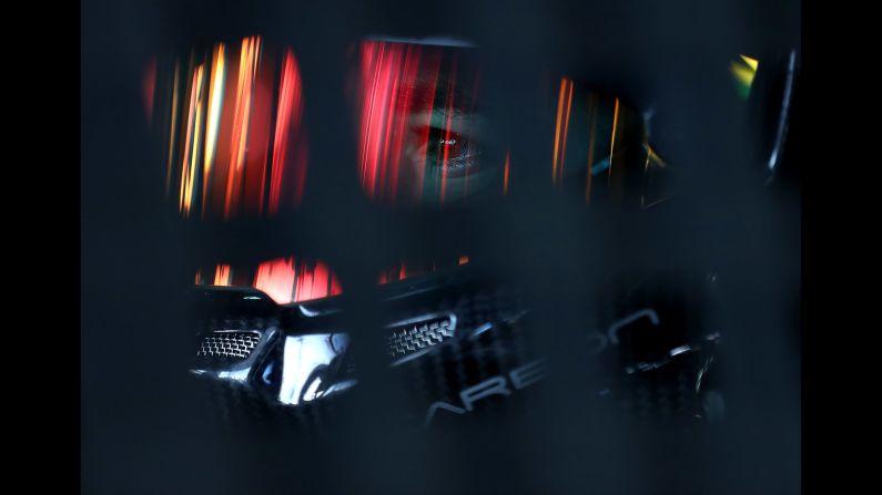 Ben Rhodes sits in his truck during practice for the NASCAR Gander Outdoors Truck Series North Carolina Education Lottery 200 at Charlotte Motor Speedway in Charlotte, North Carolina on Friday, May 17.