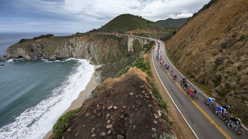 Cyclists cross over the Bixby Creek Bridge during stage four of the 14th Amgen Tour of California on Wednesday, May 15 in Morro Bay, California.