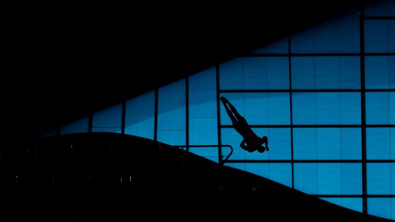 A diver competes during day three of the FINA/CNSG Diving World Series at the London Aquatics Centre on Sunday, May 19 in London England.