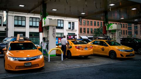 Taxi cabs fill up at a BP Gas station on the West Side of Manhattan, August 8, 2018 in New York City. (Photo by Drew Angerer/Getty Images)