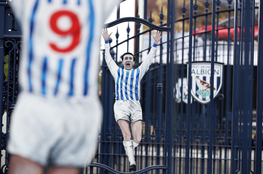 West Brom's Jeff Astle gates outside the club's Hawthorns stadium.