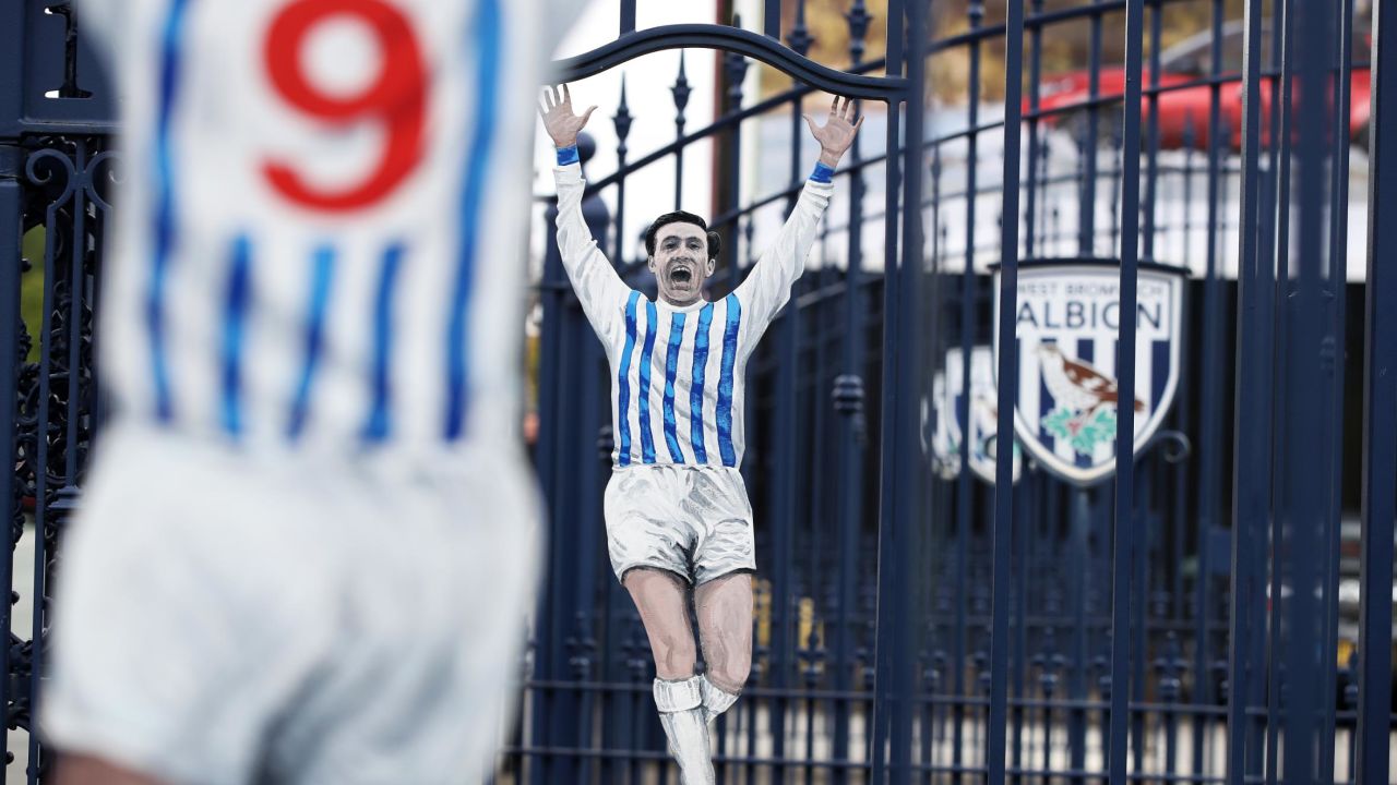 West Brom's Jeff Astle gates outside the club's Hawthorns stadium.