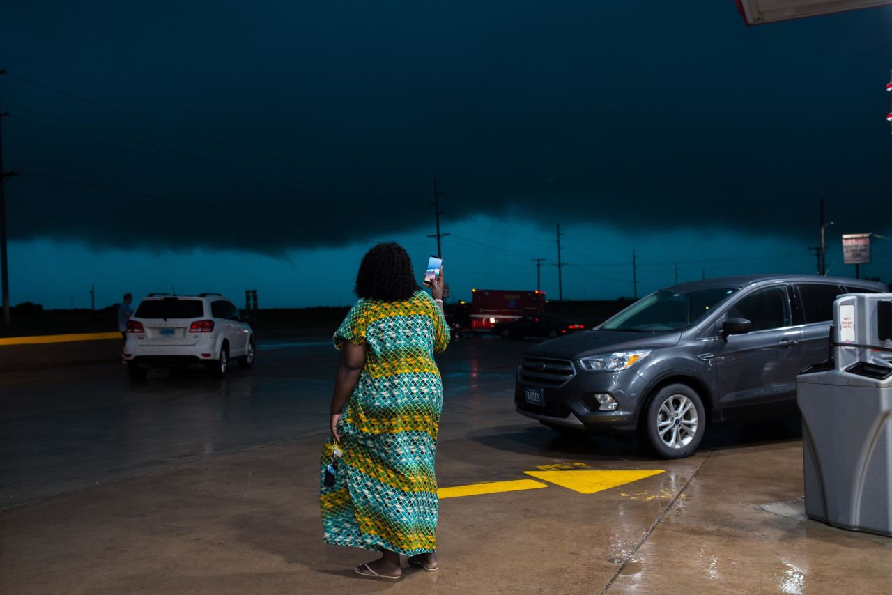 Tina Michael 30, films severe weather headed for Perry, Oklahoma from a gas station off of I-35 on Monday, May 20.