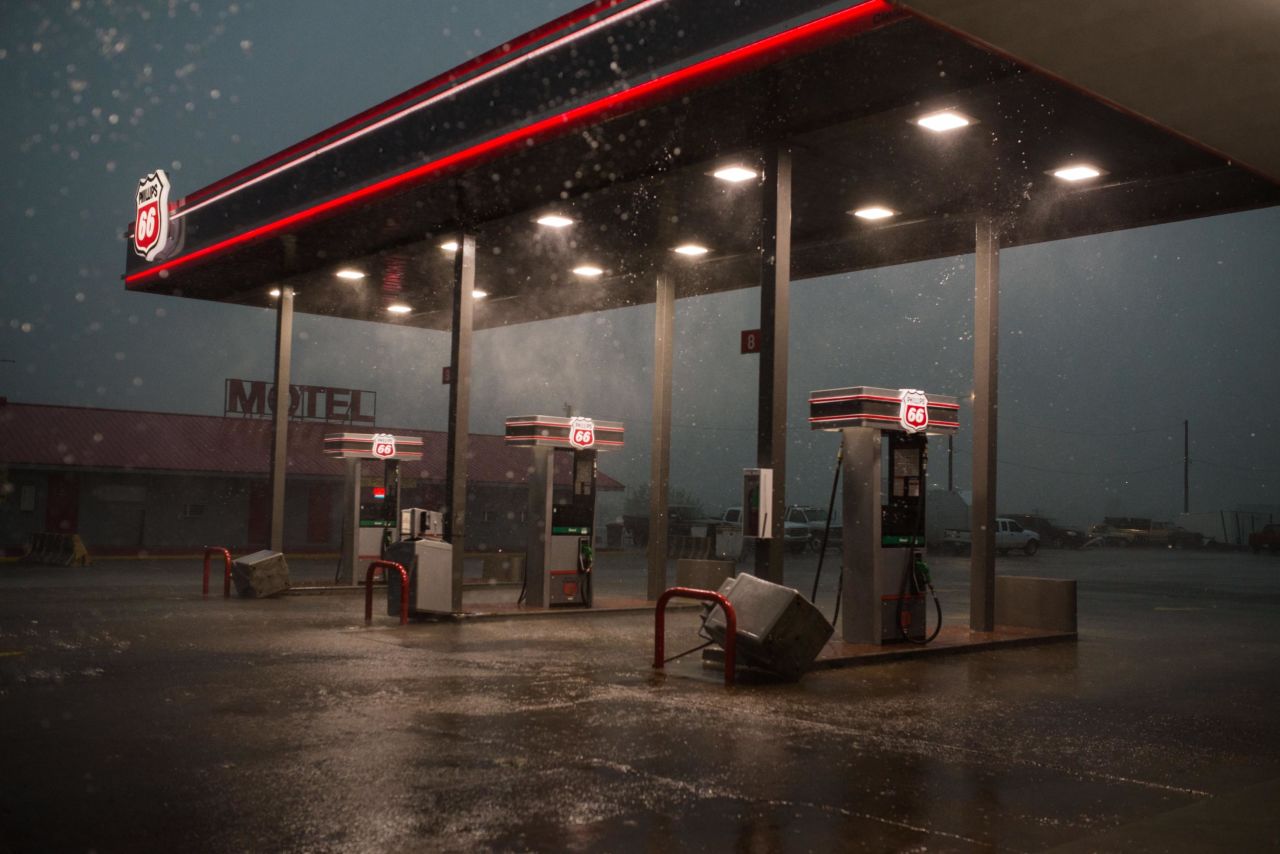 A Phillips 66 gas station near I-35 in Perry, Oklahoma just before a funnel-shaped cloud passed through on Monday, May 20.