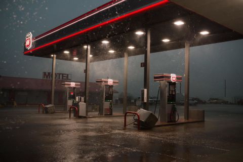 A Phillips 66 gas station near I-35 in Perry, Oklahoma just before a funnel-shaped cloud passed through on Monday, May 20.