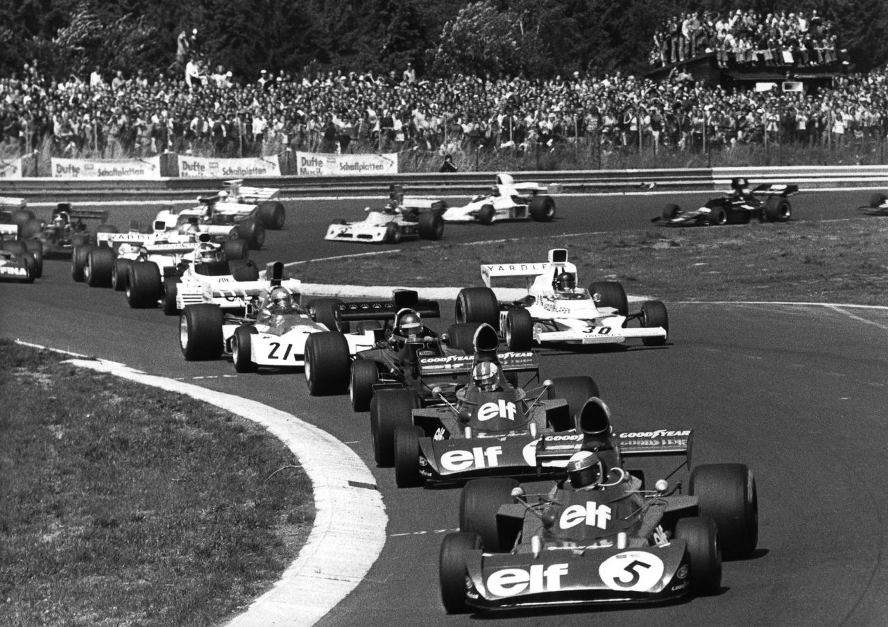Lauda, Jackie Stewart, Francois Cevert, Ronnie Peterson, Jacky Ickx, Carlos Reutemann compete in the Grand Prix of Germany, Nurburgring, on August 5, 1973. 