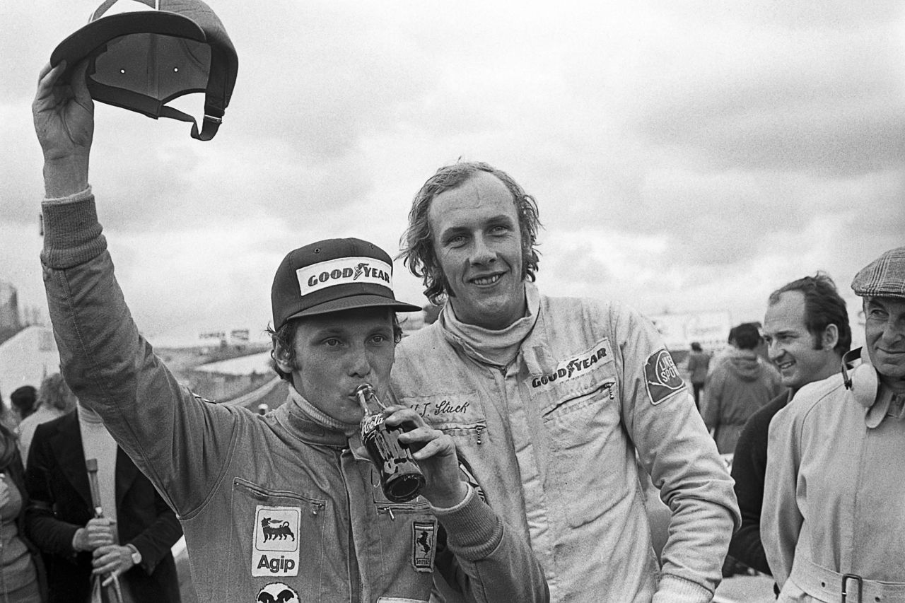 Lauda celebrates his first Formula One Grand Prix victory for Ferrari in the 1974 Spanish Grand Prix, here with Hans-Joachim Stuck who finished fourth on April 28, 1974.