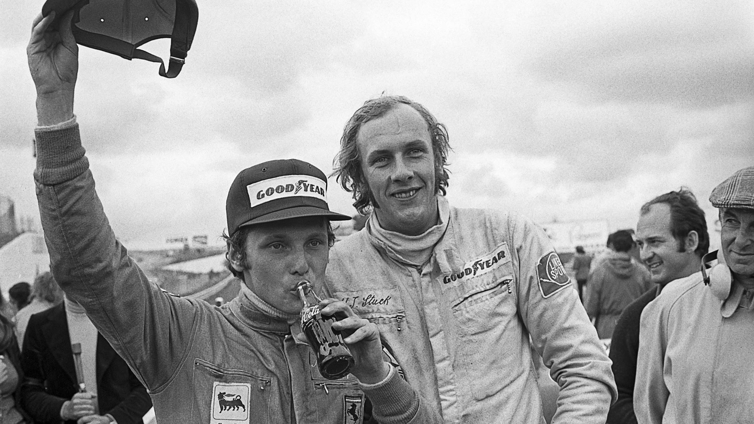Lauda celebrates his first Formula One Grand Prix victory for Ferrari in the 1974 Spanish Grand Prix, here with Hans-Joachim Stuck who finished fourth on April 28, 1974.