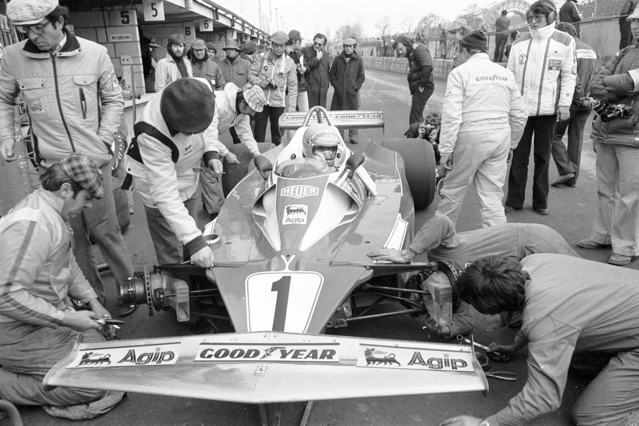 Lauda in his Ferrari at Brands Hatch on March 13, 1976.