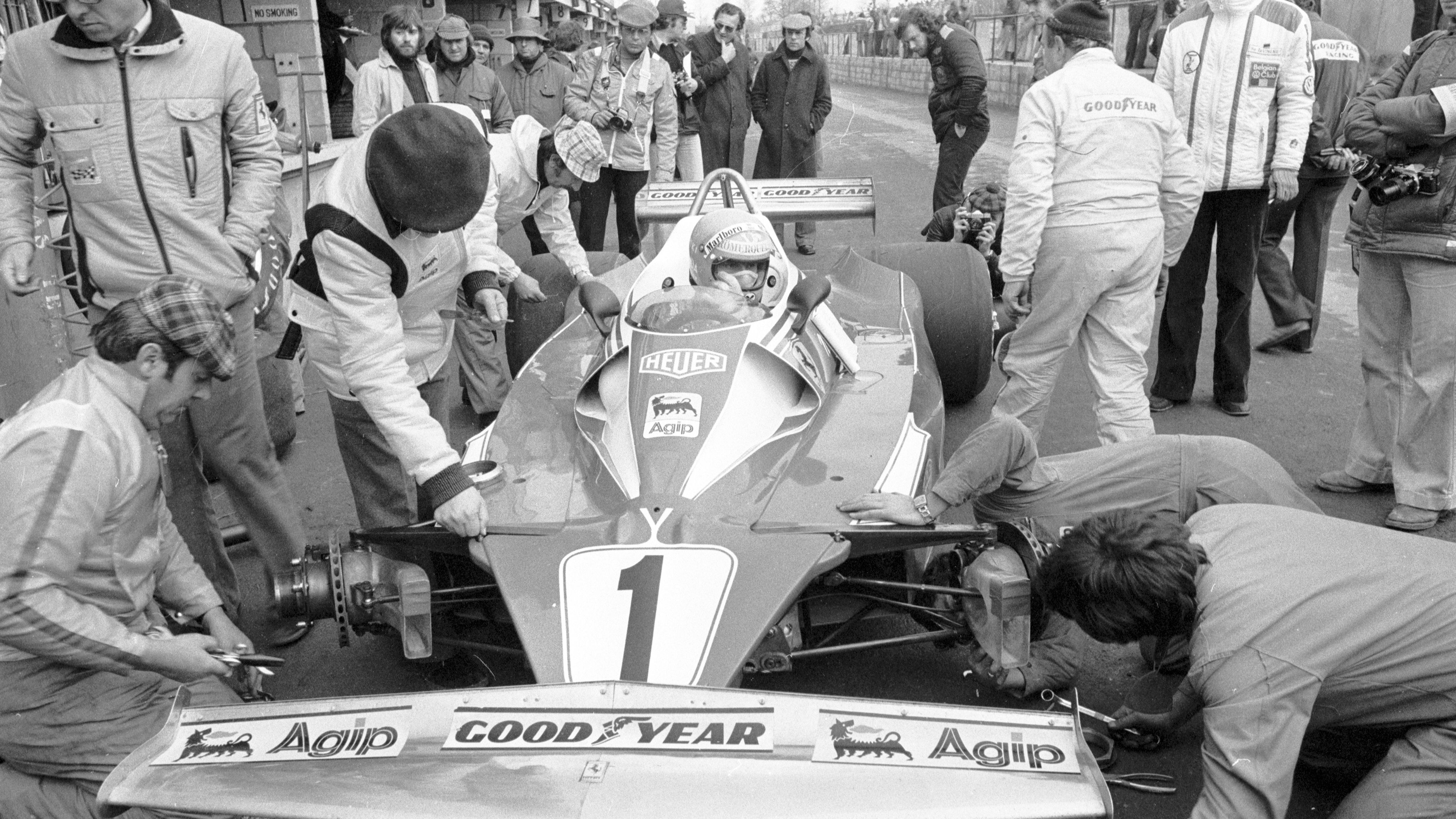 Lauda in his Ferrari at Brands Hatch on March 13, 1976.