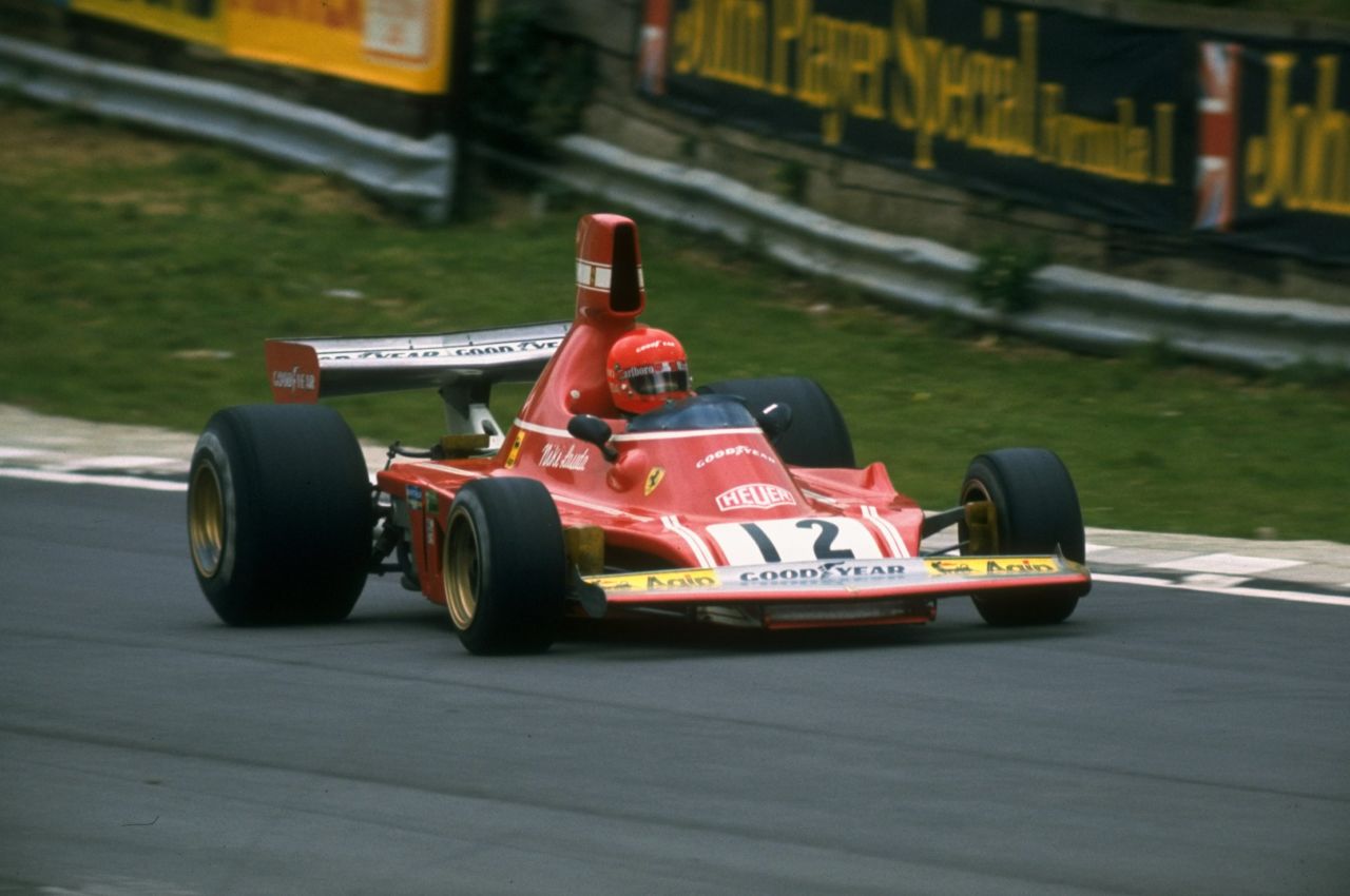Lauda races his Scuderia Ferrari during the British Grand Prix at the Brands Hatch circuit in England. 