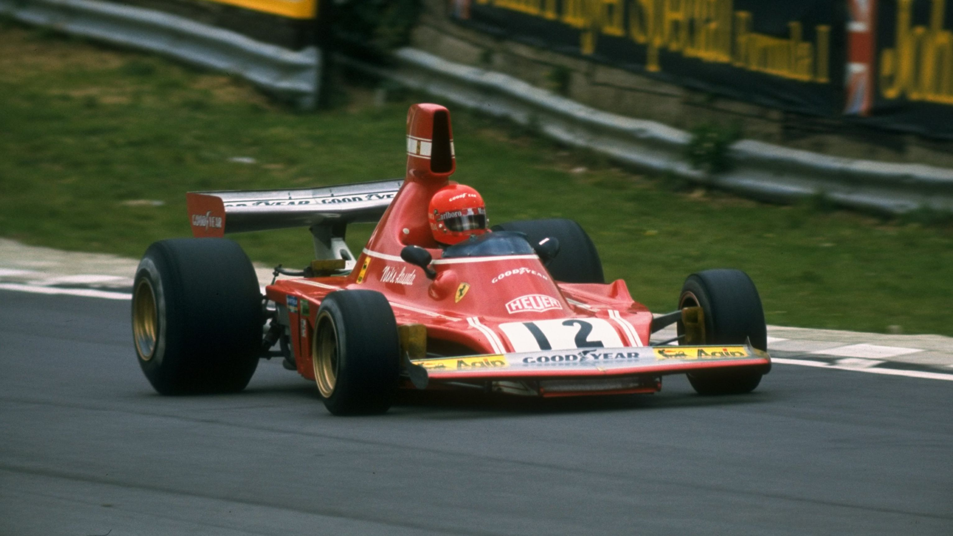 Lauda races his Scuderia Ferrari during the British Grand Prix at the Brands Hatch circuit in England. 