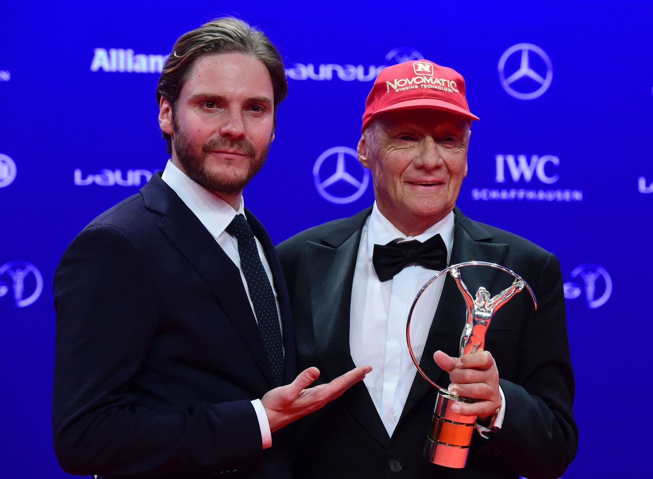 Lauda, right, with German actor Daniel Bruehl received a Lifetime Achievement award at the Laureus World Sports 2016 Awards Ceremony in Berlin, Germany on April 18, 2016.