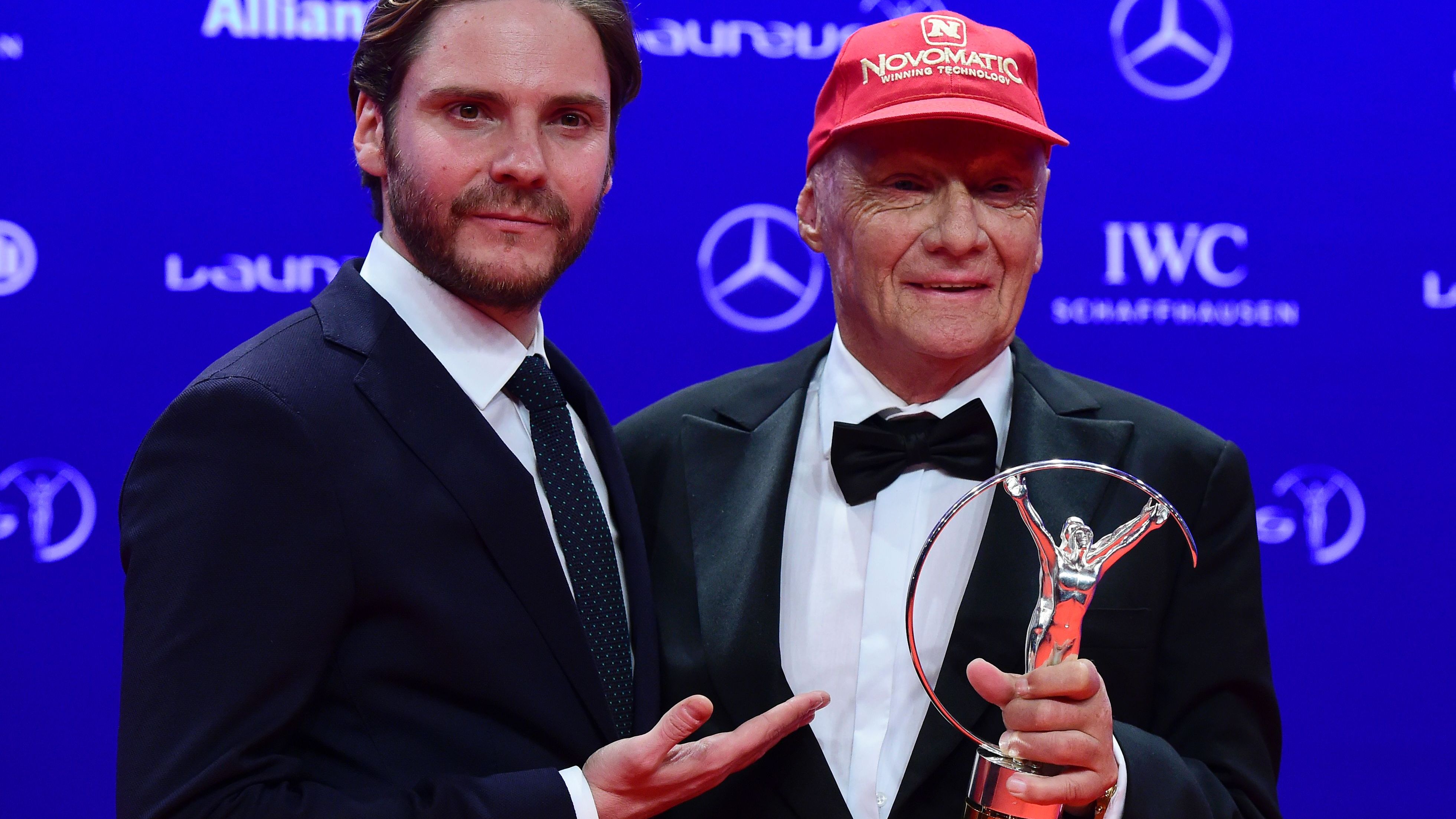Lauda, right, with German actor Daniel Bruehl received a Lifetime Achievement award at the Laureus World Sports 2016 Awards Ceremony in Berlin, Germany on April 18, 2016.