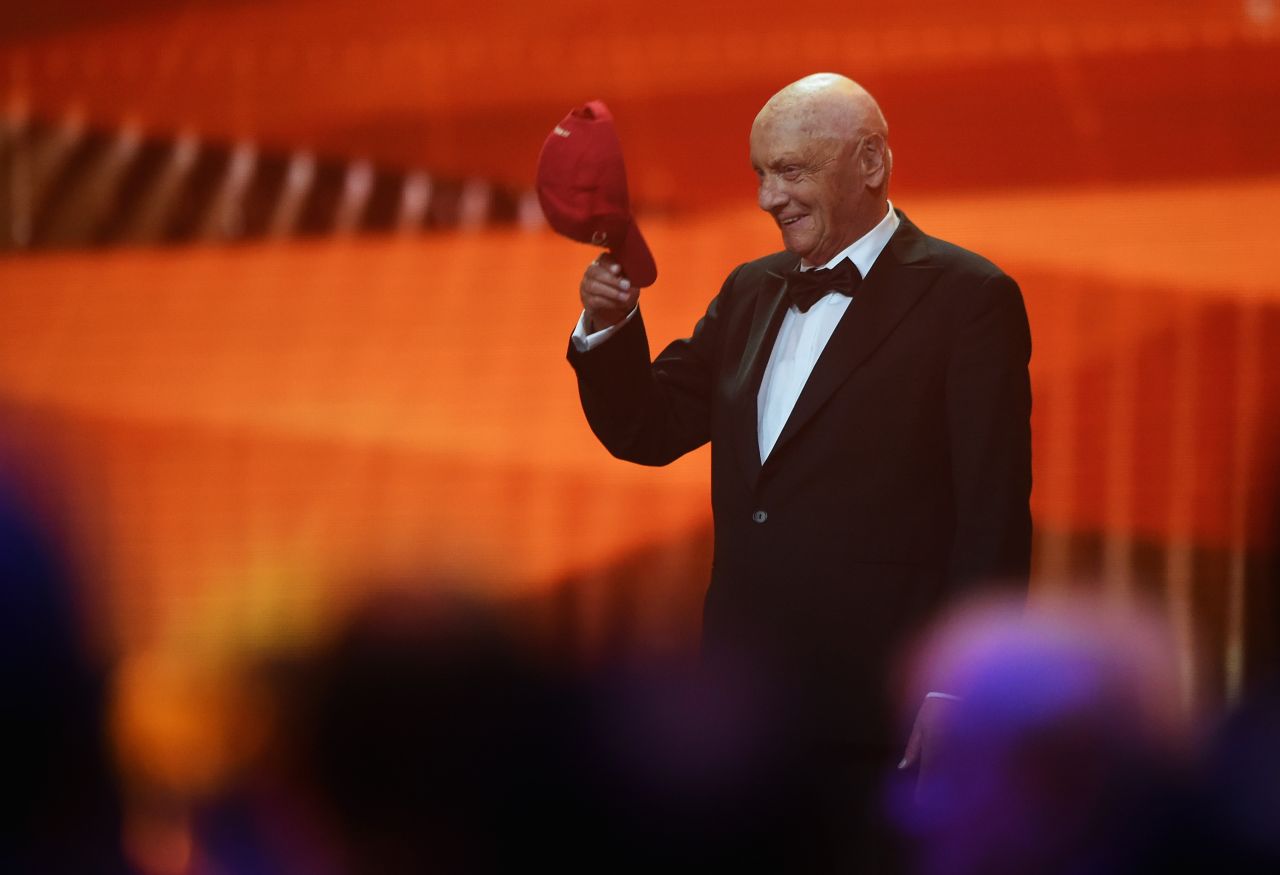 Lauda takes his cap off after the announcement of his Laureus Lifetime Achievement Award during the 2016 Laureus World Sports Awards at the Messe Berlin on April 18, 2016 in Berlin, Germany. 