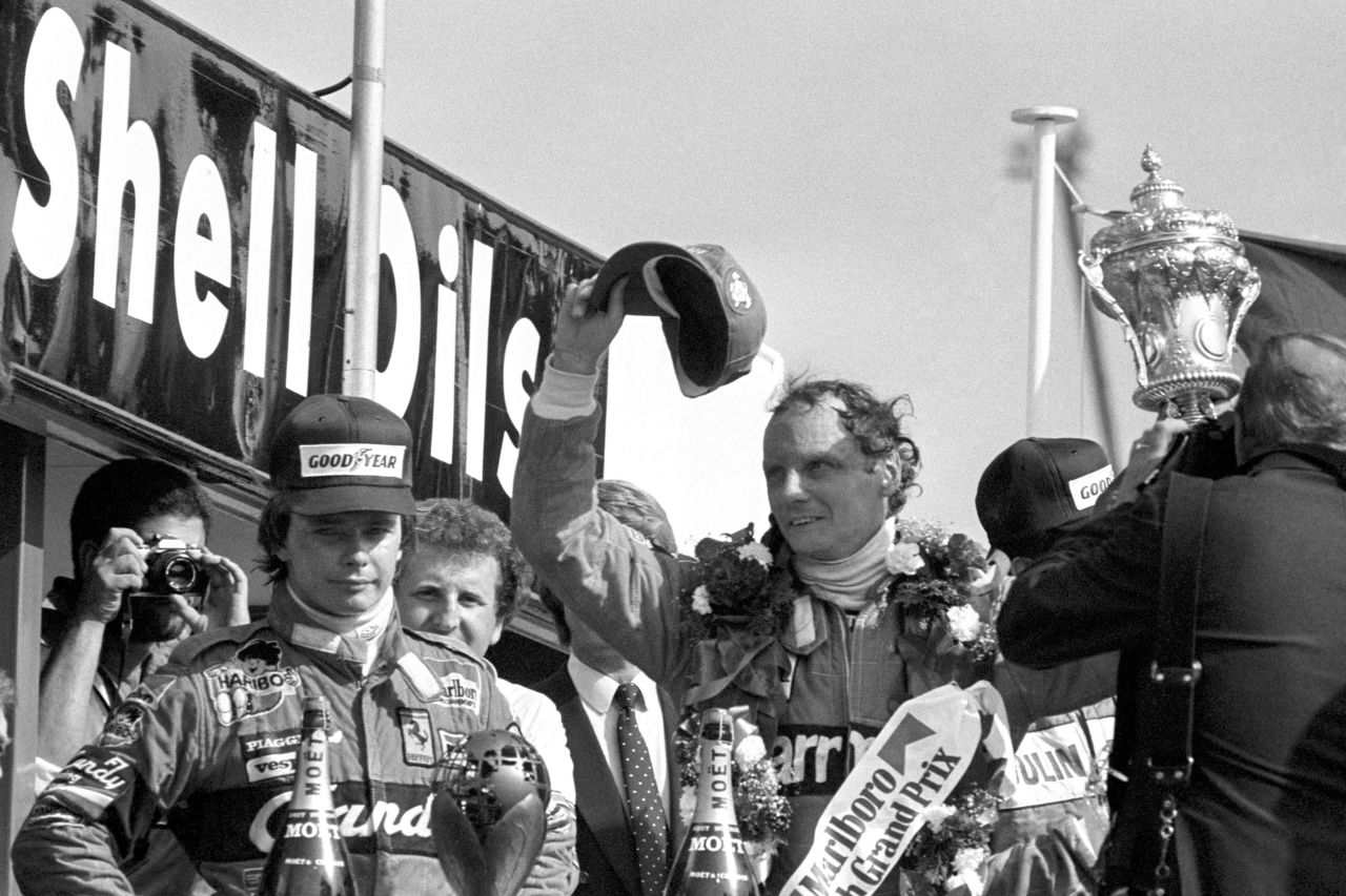 Lauda celebrates victory in the British Grand Prix at Brands Hatch in West Kingsdown, England, on July 18, 1982.