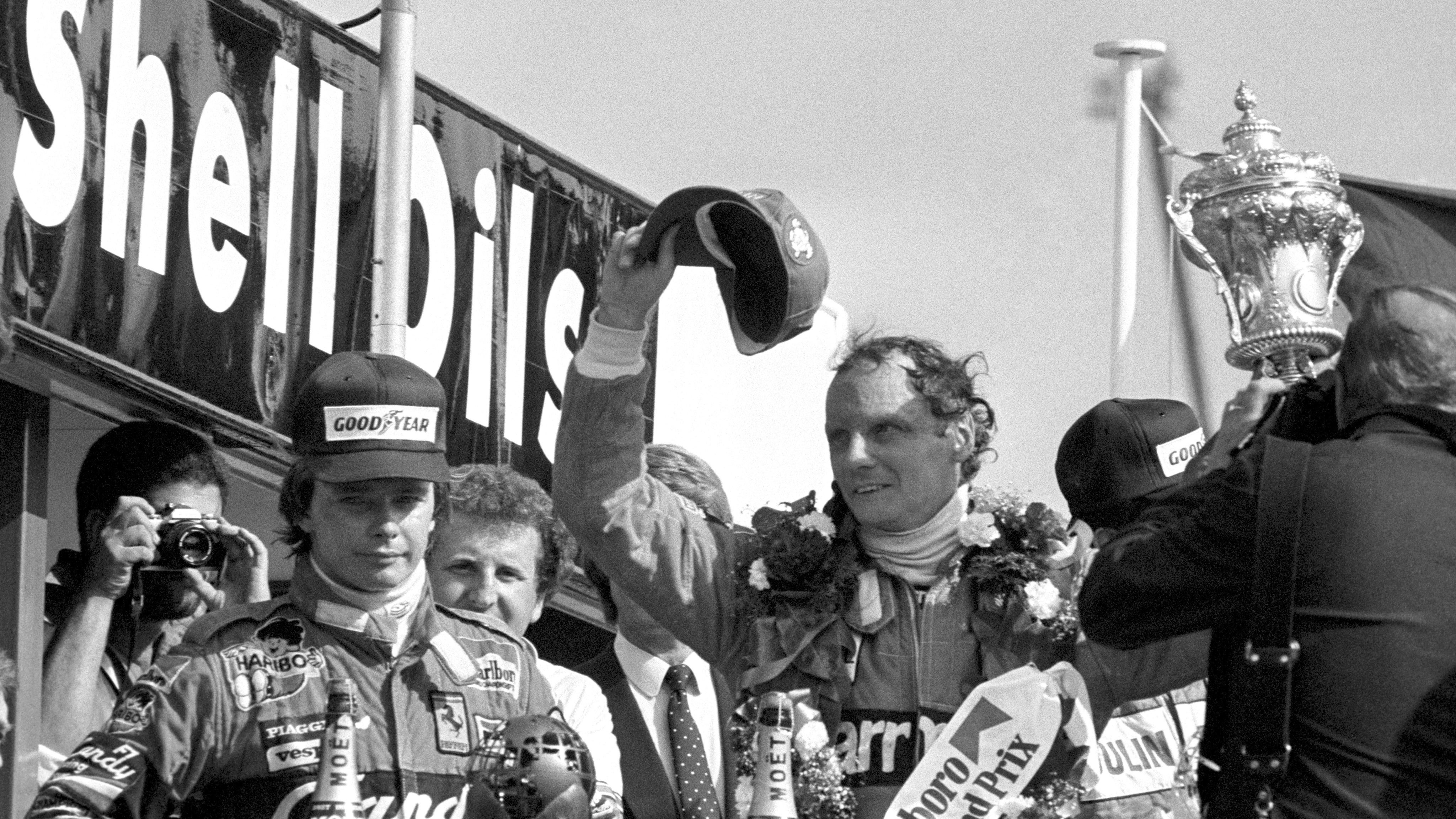 Lauda celebrates victory in the British Grand Prix at Brands Hatch in West Kingsdown, England, on July 18, 1982.