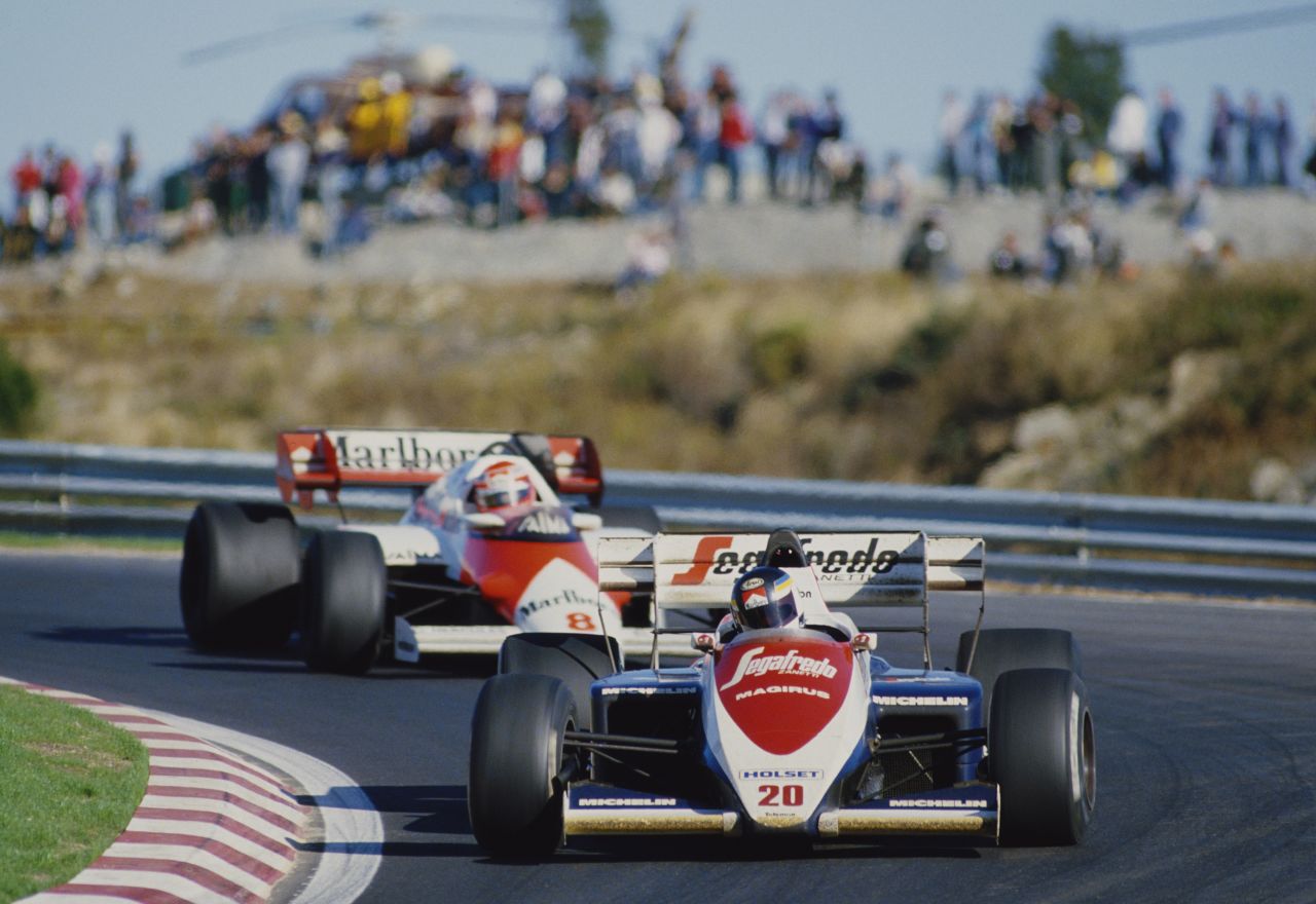 Lauda trails Stefan Johansson of Sweden during the Portuguese Grand Prix on October 21,1984 at the Autodromo do Estoril in Estoril, Portugal.