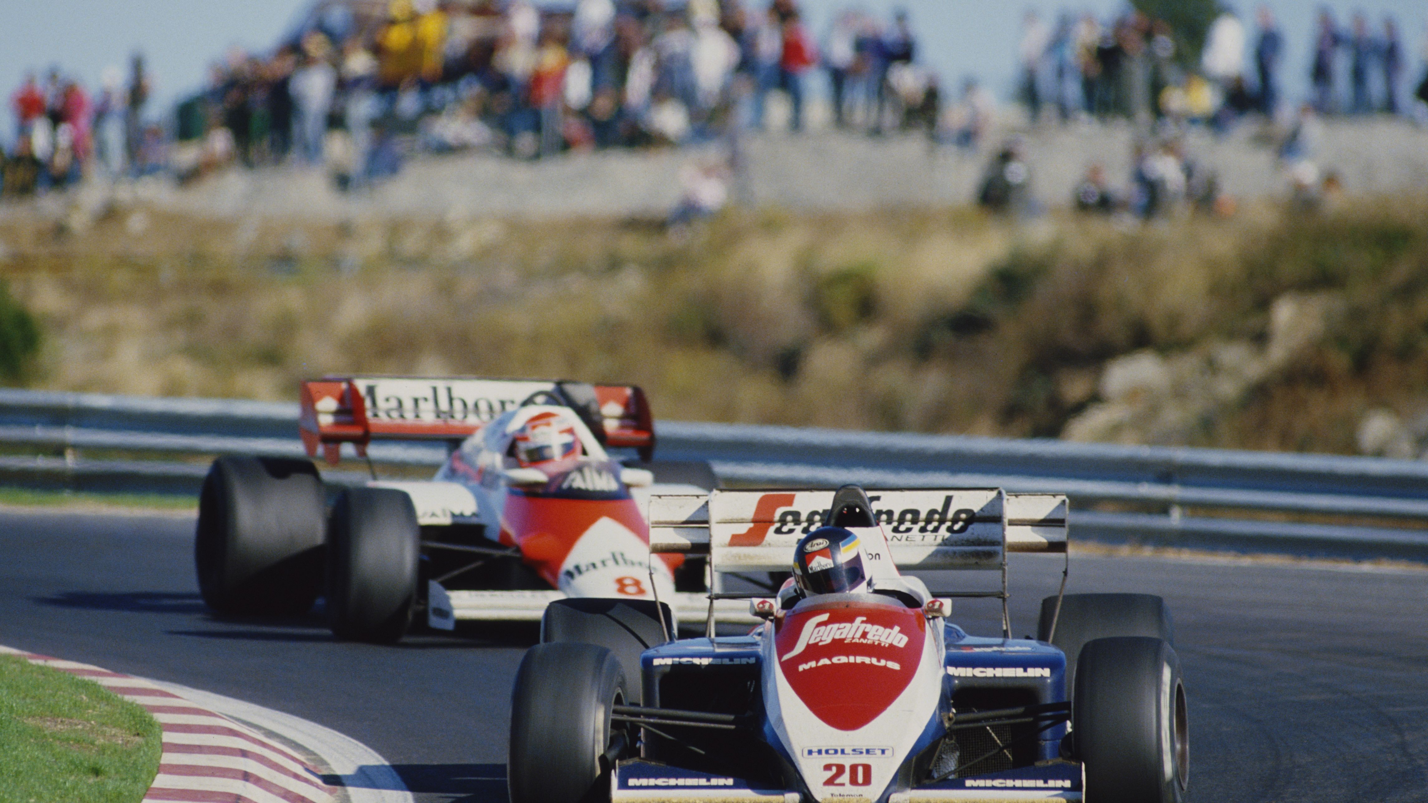 Lauda trails Stefan Johansson of Sweden during the Portuguese Grand Prix on October 21,1984 at the Autodromo do Estoril in Estoril, Portugal.