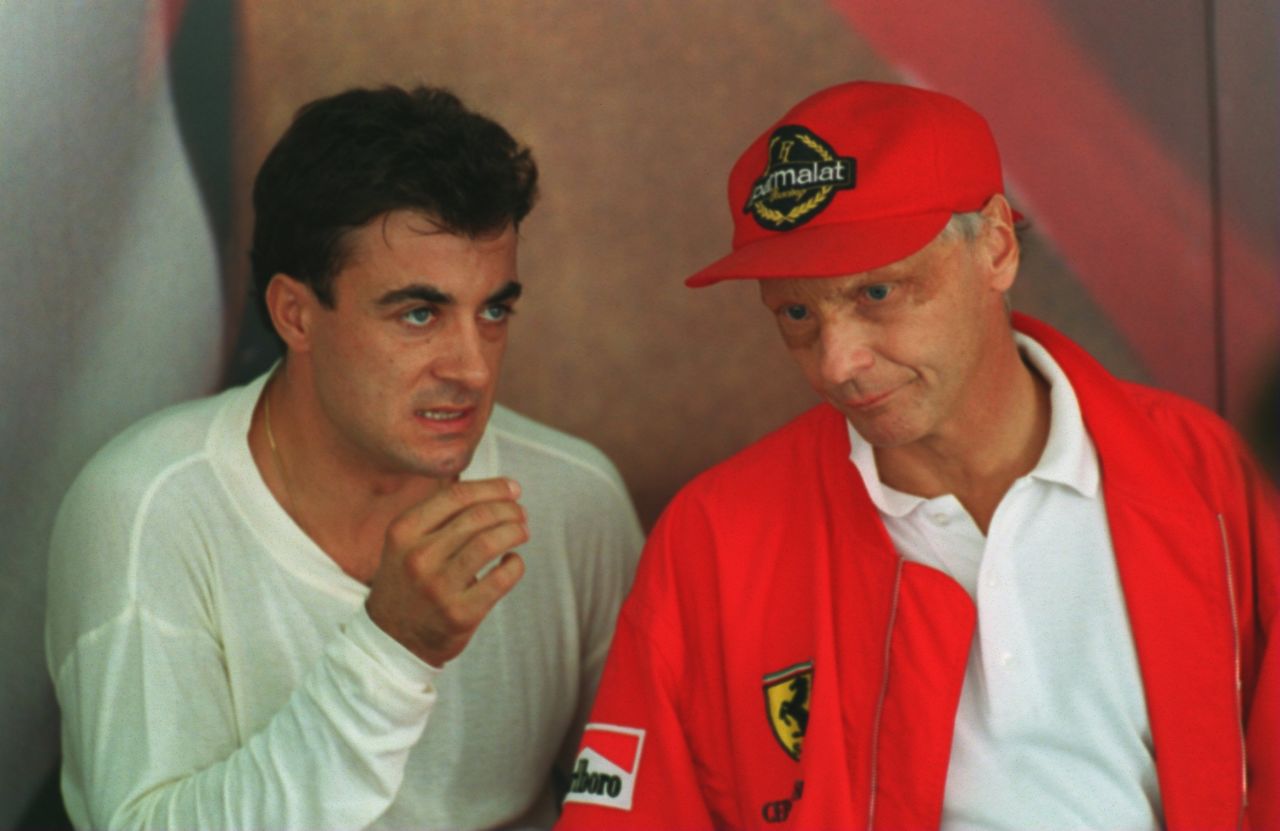 Ferrari driver Jean Alesi of France talks Lauda during the first practice session of the 1994 Formula One Grand Prix of Europe in Jerez, Spain on October 14, 1994.
