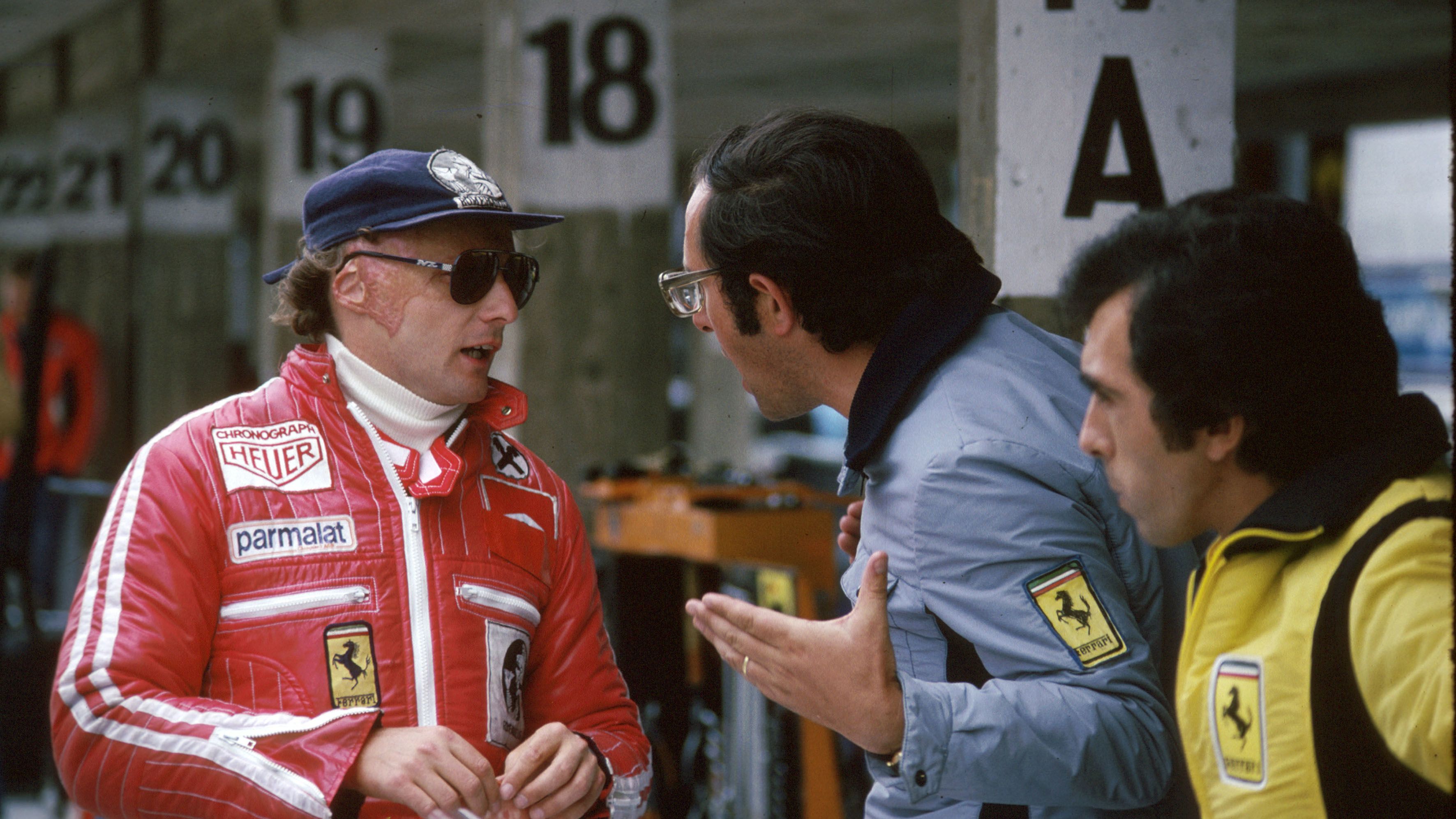 Lauda with Formula One racing car designer Mauro Forghieri, during Grand Prix Deutschland 1977 on July 31, 1977.