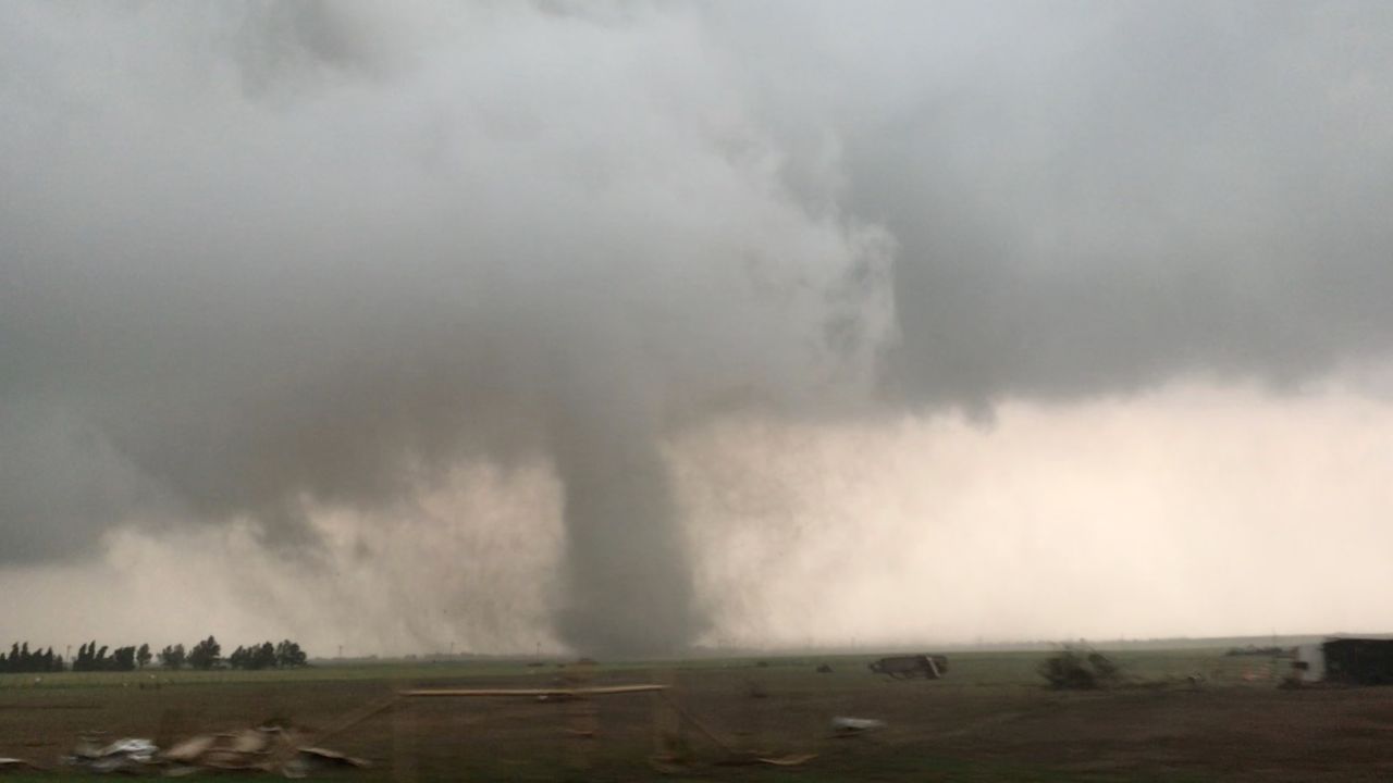 A tornado moves through Mangum, Oklahoma.
