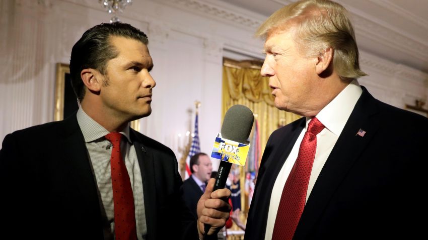 U.S. President Donald Trump is interviewed by Fox and Friends co-host Pete Hegseth at the White House in Washington, U.S. April 6, 2017. REUTERS/Kevin Lamarque