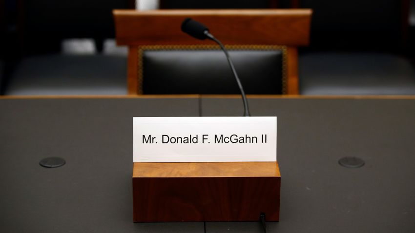 A name placard is displayed for former White House Counsel Don McGahn, who is not expected to appear before a House Judiciary Committee hearing, Tuesday, May 21, 2019, on Capitol Hill in Washington. (AP Photo/Patrick Semansky)