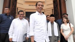 Indonesian President Joko Widodo is seen after the meeting with coalition leaders a day after the presidential election on April 18, 2019 in Jakarta, Indonesia. 