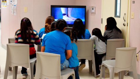 Detainees watch TV on August 9, 2018, at the South Texas Family Residential Center in Dilley, Texas. This photo was provided by U.S. Immigration and Customs Enforcement.
