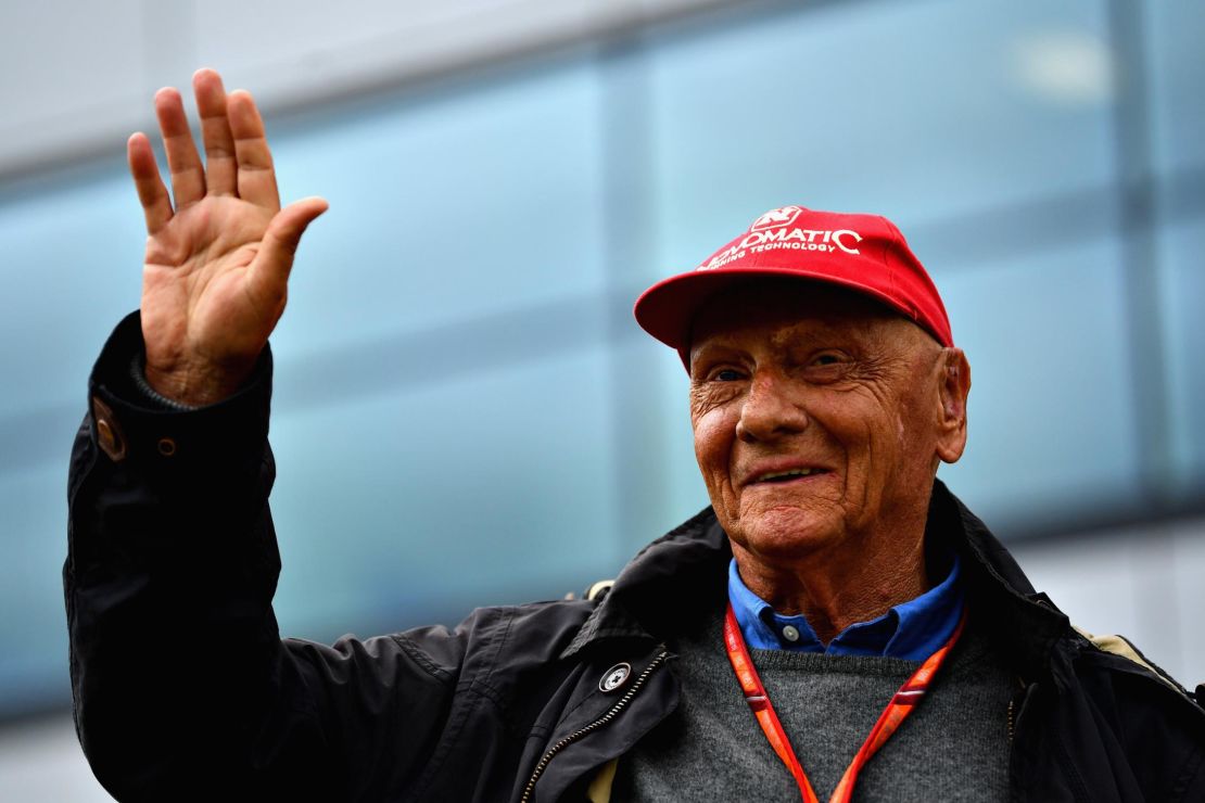 Niki Lauda celebrates after the Formula One Grand Prix of Great Britain at Silverstone on July 16, 2017 in Northampton, England.  