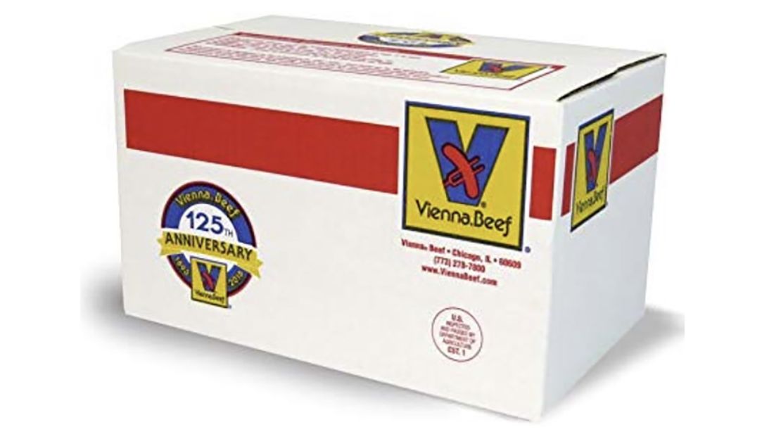 A 10-pound case of Vienna Beef frankfurters.