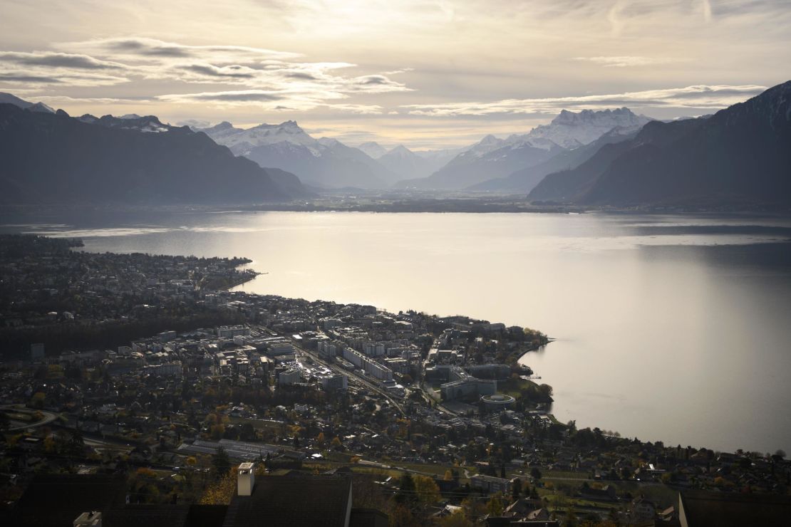 A picture taken on from Mont-Pelerin, western Switzerland, on November 20, 2016 shows the cities of Vevey (below) and Montreux (background) on Lake Geneva. / AFP / FABRICE COFFRINI        (Photo credit should read FABRICE COFFRINI/AFP/Getty Images)