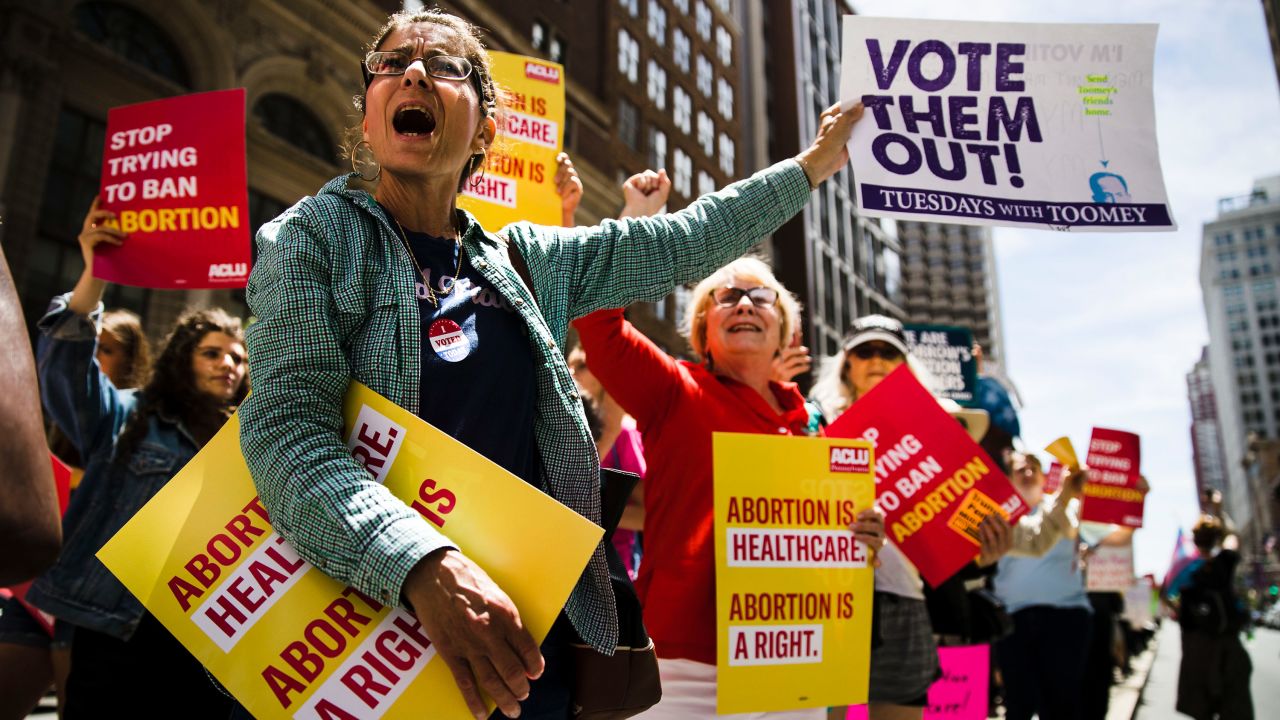 Women's rights advocates demonstrate against recent abortion bans, Tuesday, May 21, 2019, in Philadelphia. (AP Photo/Matt Rourke)