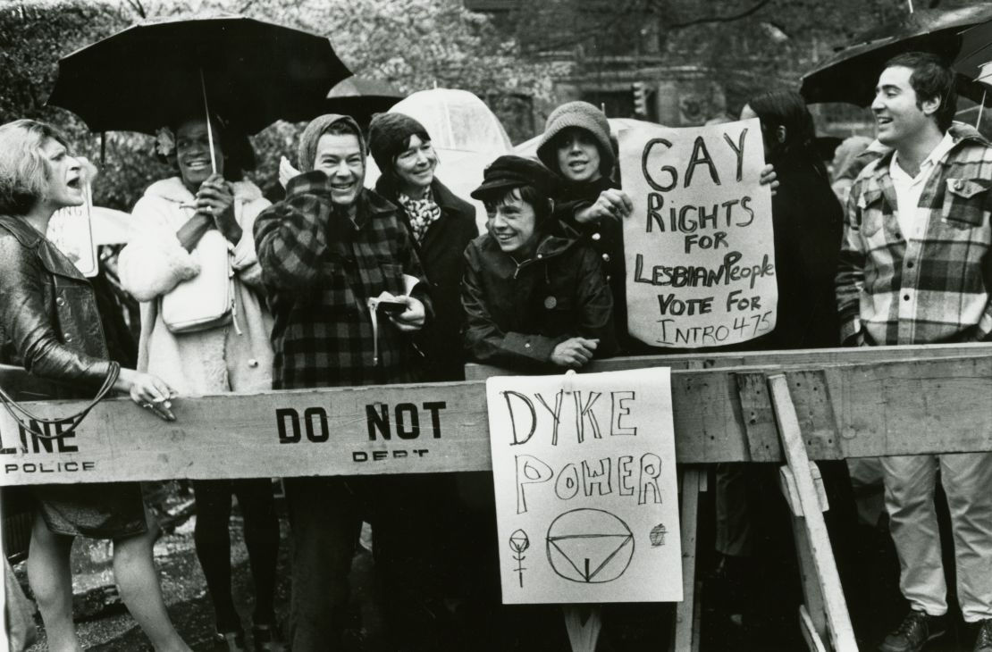 "Demonstration at City Hall, New York" (1973) by Diana Davies. From left: Sylvia Rivera, Marsha P. Johnson, Jane Vercaine, Barbara Deming, Kady Vandeurs, Carol Grosberg, and others.