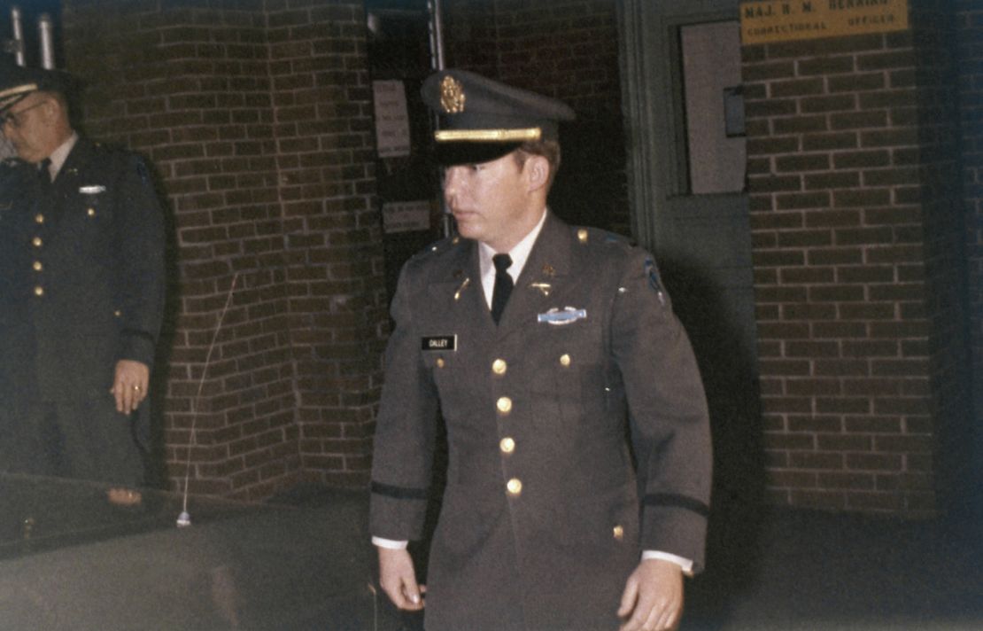 Lt. William Calley walks from Fort Benning, GA. stockade, April 1, 1971. Calley was convicted for his part in the 1968 My Lai massacre incident of the Vietnam War. President Richard Nixon ordered him placed under house arrest during appeal.