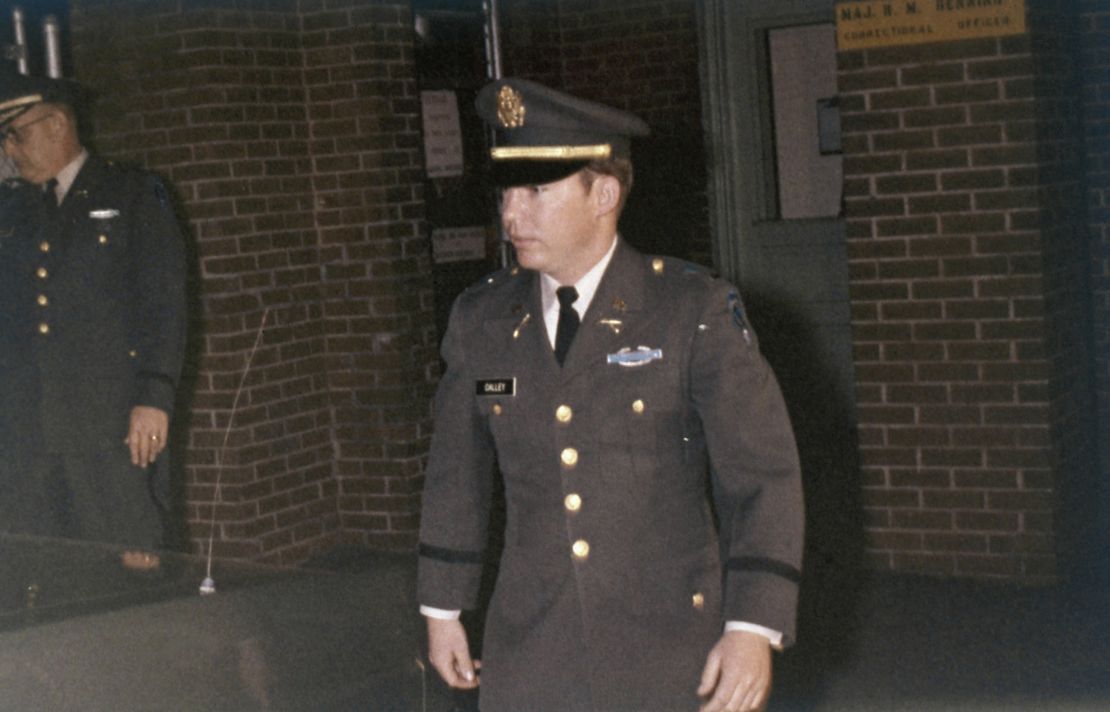 Lt. William Calley walks from Fort Benning, GA. stockade, April 1, 1971. Calley was convicted for his part in the 1968 My Lai massacre incident of the Vietnam War. President Richard Nixon ordered him placed under house arrest during appeal. 