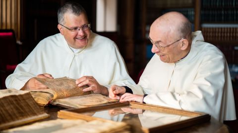Pictured (L-R) is Father Karel Stautemas, subprior at Grimbergen Abbey, who is studying to be a brewer to join the microbrewery team with Father Ton Smits, a fellow monk at the abbey.