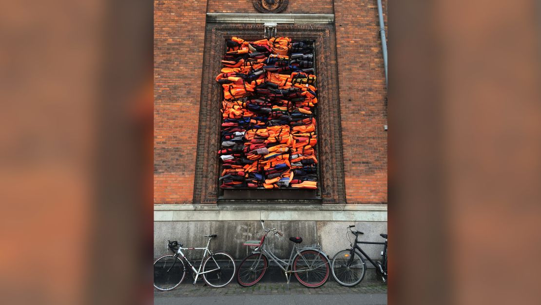 The artwork was made from over 3,500 lifejackets discarded by migrants on the Greek island of Lesbos.