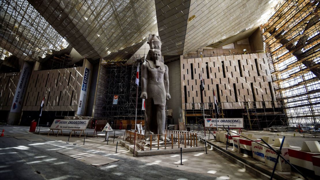 A giant statue of Rameses II located inside the Grand Egyptian Museum, Cairo, during construction in 2019.