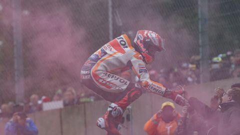 That winning feeling ... Marquez celebrates victory at the MotoGp of France in May.