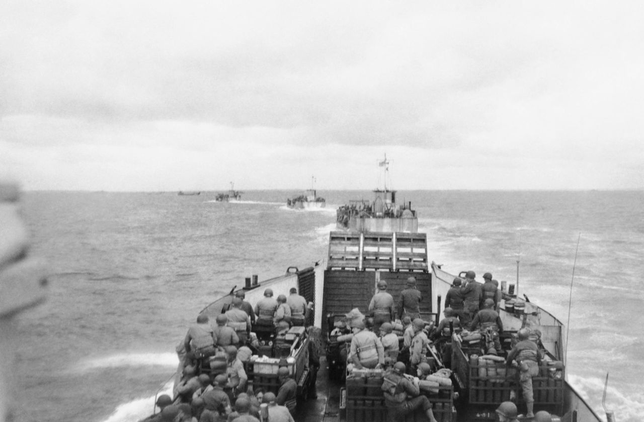 A column of landing craft proceed to Utah beach on D-day.
