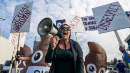 Erna Hankic, the vice president of the SEIU Local 6 Union, leads chants in protest of AmazonÕs security contractor,  Security Industry Specialists (SIS) outside the annual Amazon shareholders meeting on Wednesday, May 22, 2019, at Fremont Studios in Seattle, Wash. (Jovelle Tamayo for CNN)