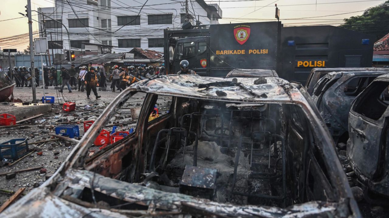 Cars after an overnight demonstration by the Elections Oversight Body in Jakarta on May 22, 2019.